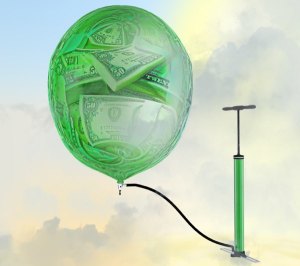 image - The pump, the balloon with the image of money. Inflating money.