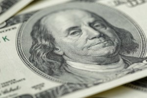 Benjamin Franklin on hundred dollar banknote, macro photo