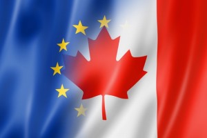 Mixed Europe and Canada flag, three dimensional render, illustration
