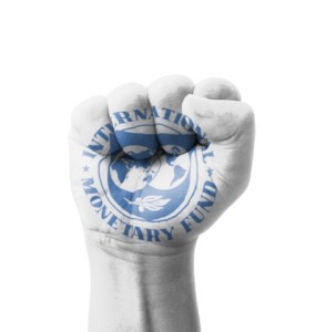 Fist of IMF (International Monetary Fund) flag painted, multi purpose concept - isolated on white background