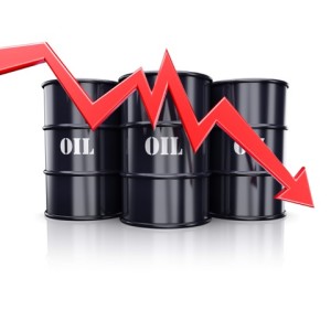 Falling oil price. Red arrow graph chart moving down near the barrels with oil. 3d illustration