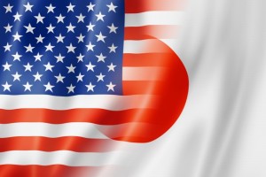 Mixed USA and Japan flag, three dimensional render, illustration