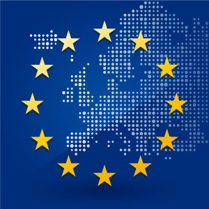 European Union flag with a map of dots in the background
