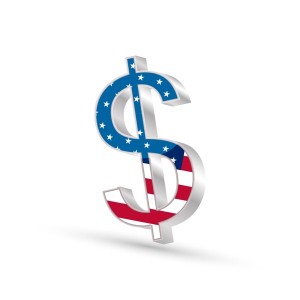 Dollar currency gold symbol icon with flag of United States of America, 3d vector illustration