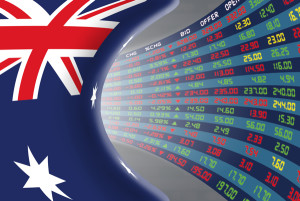 National flag of Australia with a large display of daily stock market price and quotations during normal economic period. The fate and mystery of Australian stock market tunnel/corridor concept.