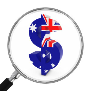 Australia Finance Concept - Australian Dollar Symbol Under Magnifying Glass - 3D Illustration
