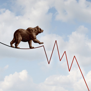 Bear market risk financial concept as a heavy bearish beast walking on a high tightrope shaped as a stock market loss diagram chart representing the investment danger ahead.