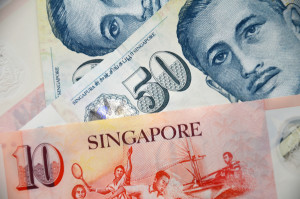 Detail of Singapore banknotes fifty dollar and ten dollar notes