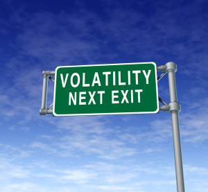 Volatility in the stock market symbol represented by a green highway road sign showing the hazards of a volatile trading session at the dow jones or wall street in which equities go up and down like a roller coaster ride.