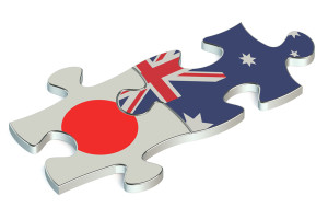 Australia and Japan puzzles from flags isolated on white background