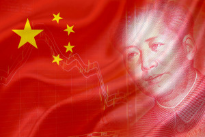 Flag of China with a chart of financial instruments and the face of Mao Zedong on RMB (Yuan) 100 bill.