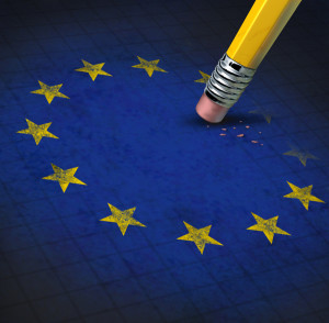 European union problems with the Europe flag having yellow stars being erased by a pencil eraser