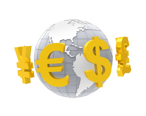 Global Currencies Around a Globe isolated on white background. 3D render