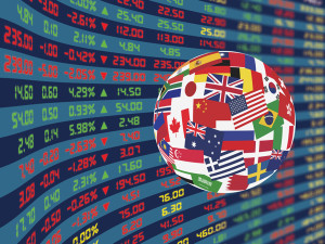 A large display of daily stock market price and quotations during normal economic period with decorative crystal ball flags of main country in the world