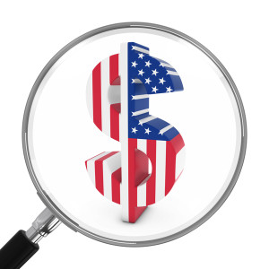 US Finance Concept - American Flag Dollar Symbol Under Magnifying Glass - 3D Illustration
