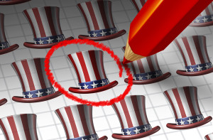 American candidate choice concept and United States election symbol as a red pencil selecting a political party hopeful as an icon for presidential democratic campaign by the voters.