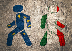 Italy exit from europe relative image. Concrete textured. Pedestrians textured by national flags