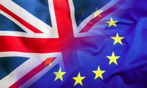 Flags of the United Kingdom and the European Union. UK Flag and EU Flag. British Union Jack flag.