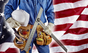 contractor carpenter man on USA flag building America concept patriotism