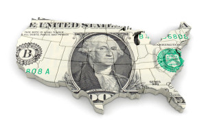 Map of USA with dollar. Image with clipping path.